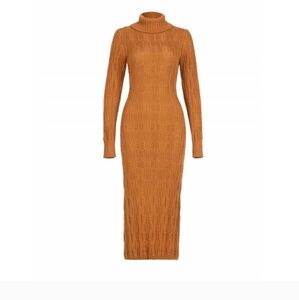525 America turtleneck cable knit long sleeve midi dress in caramel ribbed